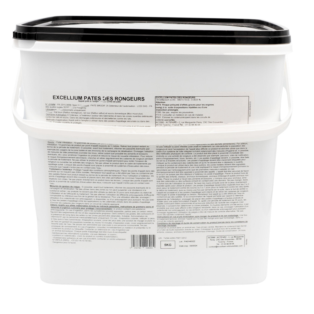 15 pâtes rodenticides Brodifacoum 0,0025% pour intérieur, mur, plafond